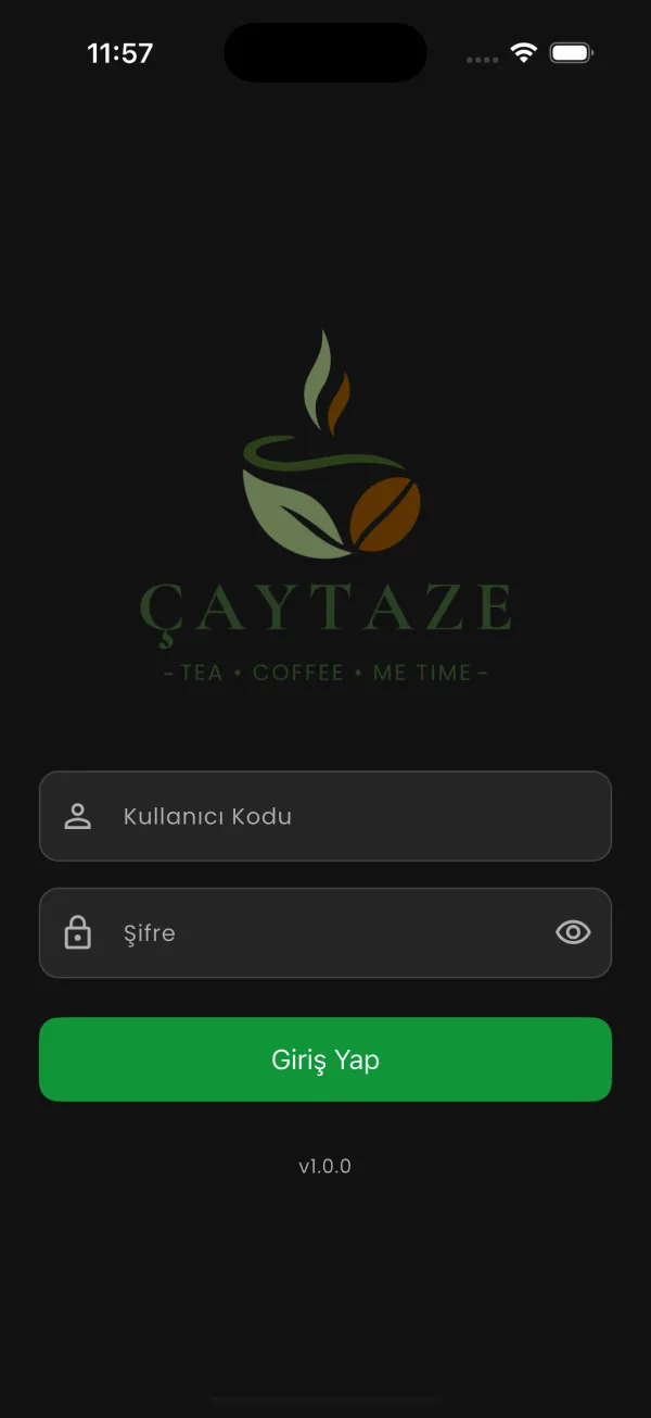 Çaytaze Servis uygulaması, Giriş — koyu tema ekranı