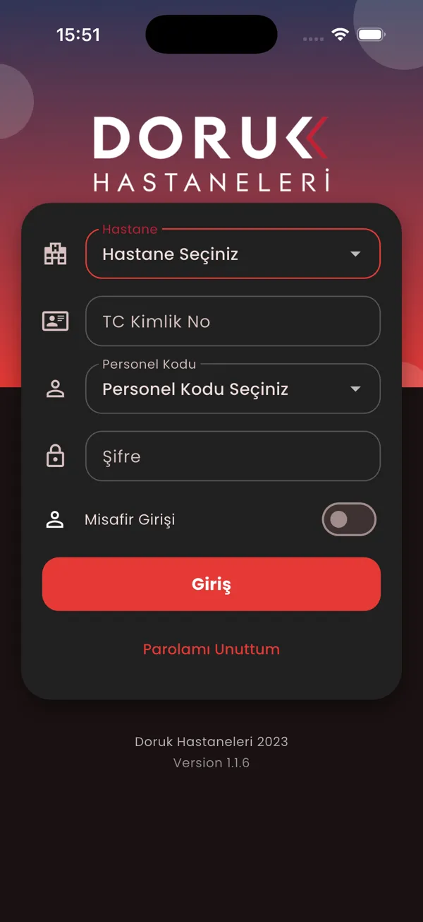 Doruk Personel uygulaması, Giriş — koyu tema ekranı