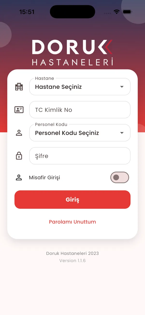 Doruk Personel uygulaması, Giriş — açık tema ekranı