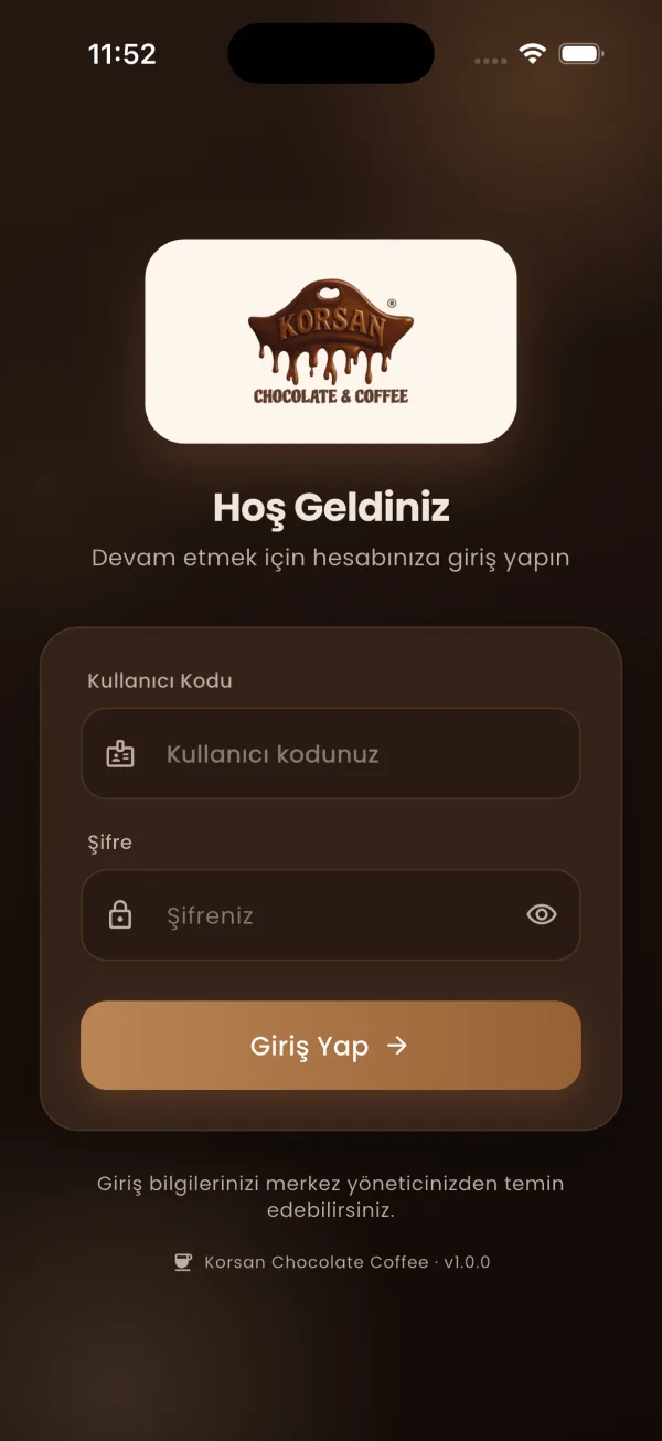 Korsan Chocolate & Coffee uygulaması, Giriş — koyu tema ekranı