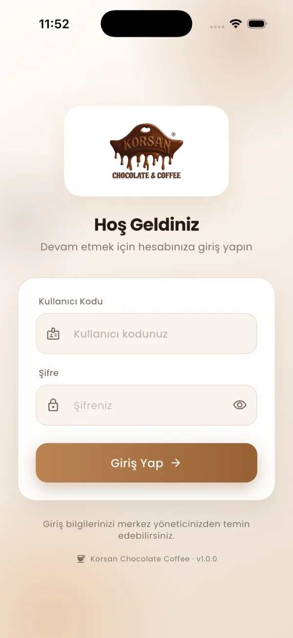 Korsan Chocolate & Coffee uygulaması, Giriş — açık tema ekranı
