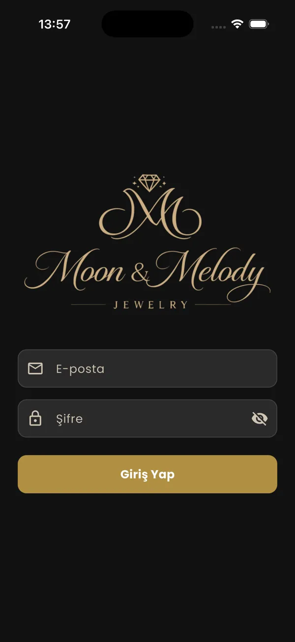 Moon & Melody Admin uygulaması, Giriş — koyu tema ekranı