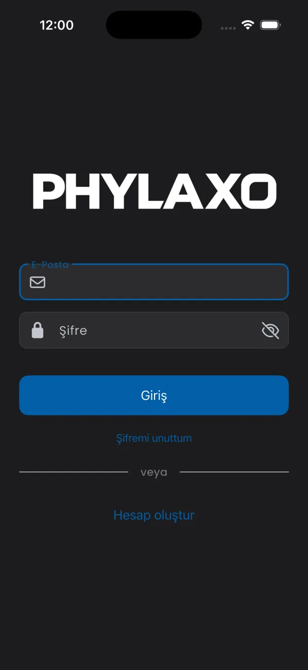 Phylaxo Servis uygulaması, Giriş — koyu tema ekranı
