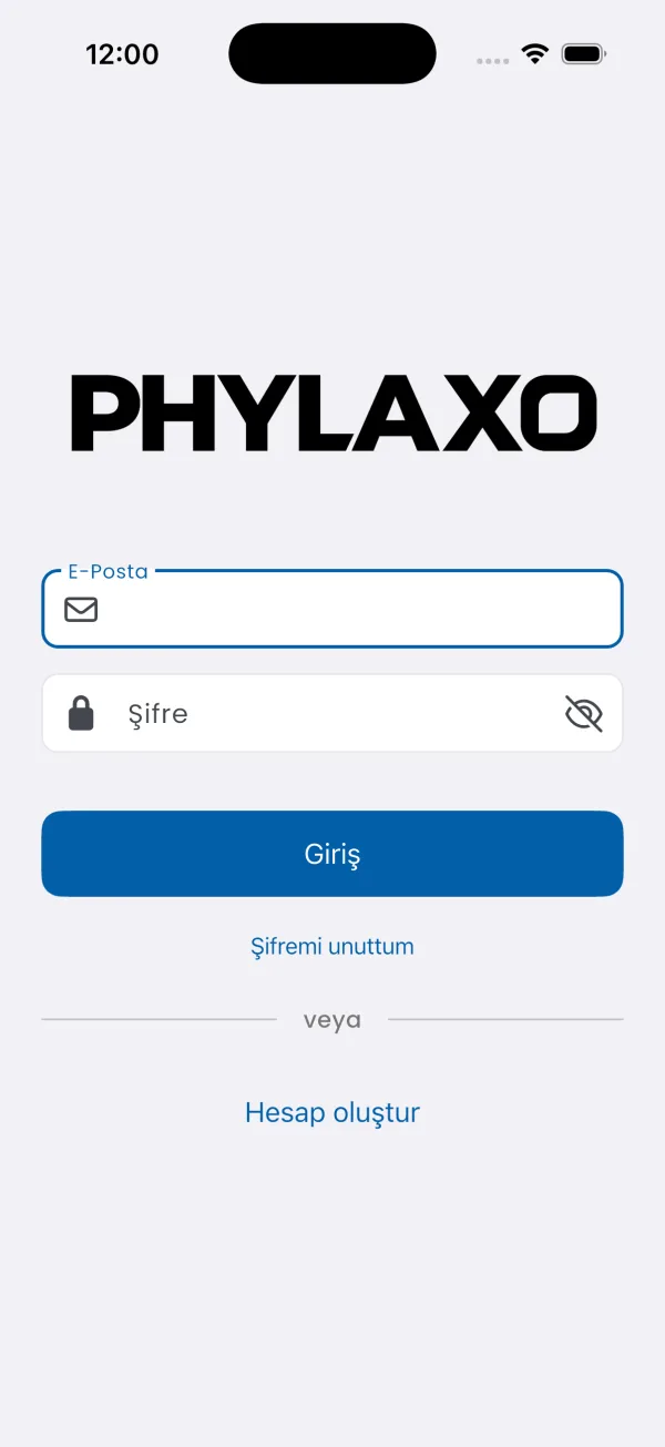 Phylaxo Servis uygulaması, Giriş — açık tema ekranı