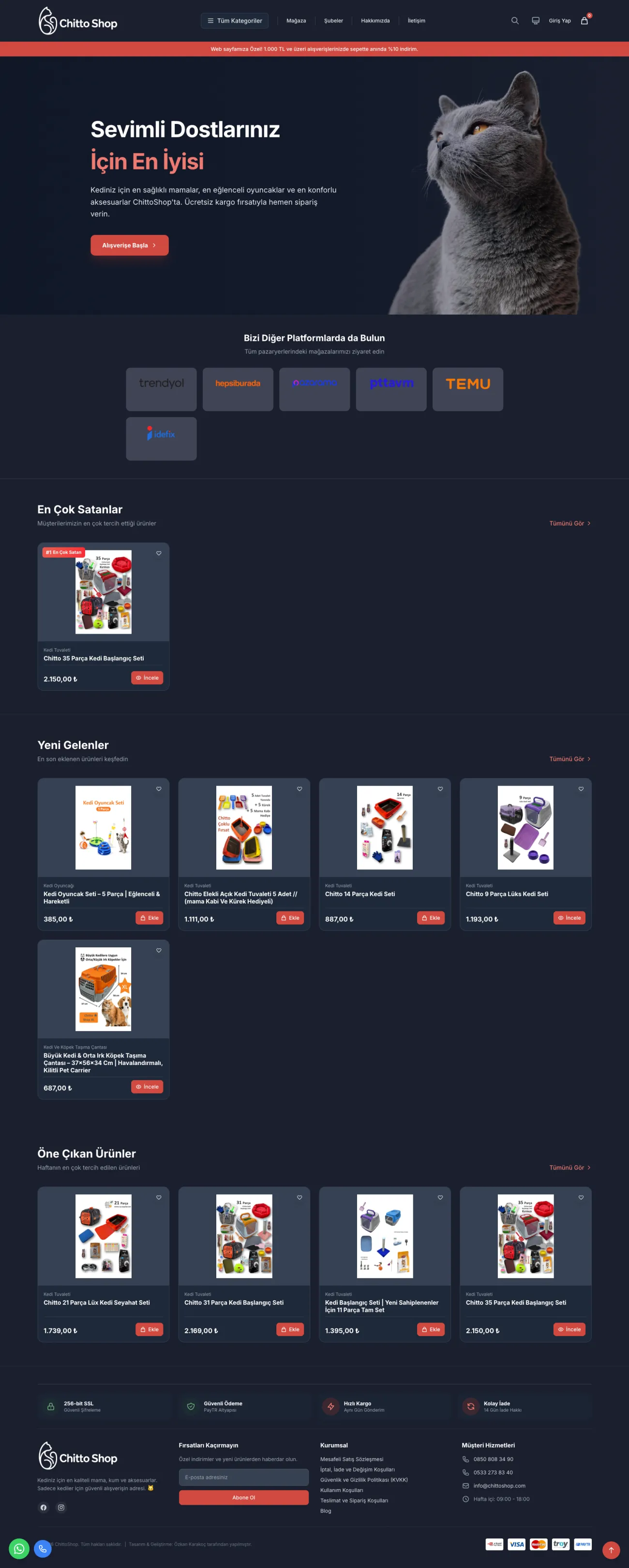 ChittoShop web sitesi ana sayfasının tam ekran görüntüsü